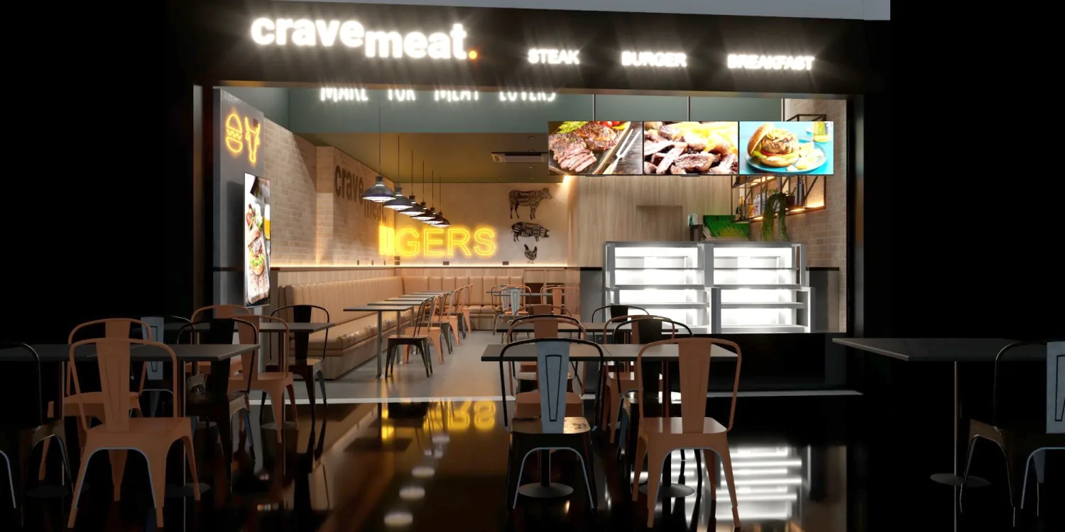 Crave Meat — estudo 3D de fachada e balcão