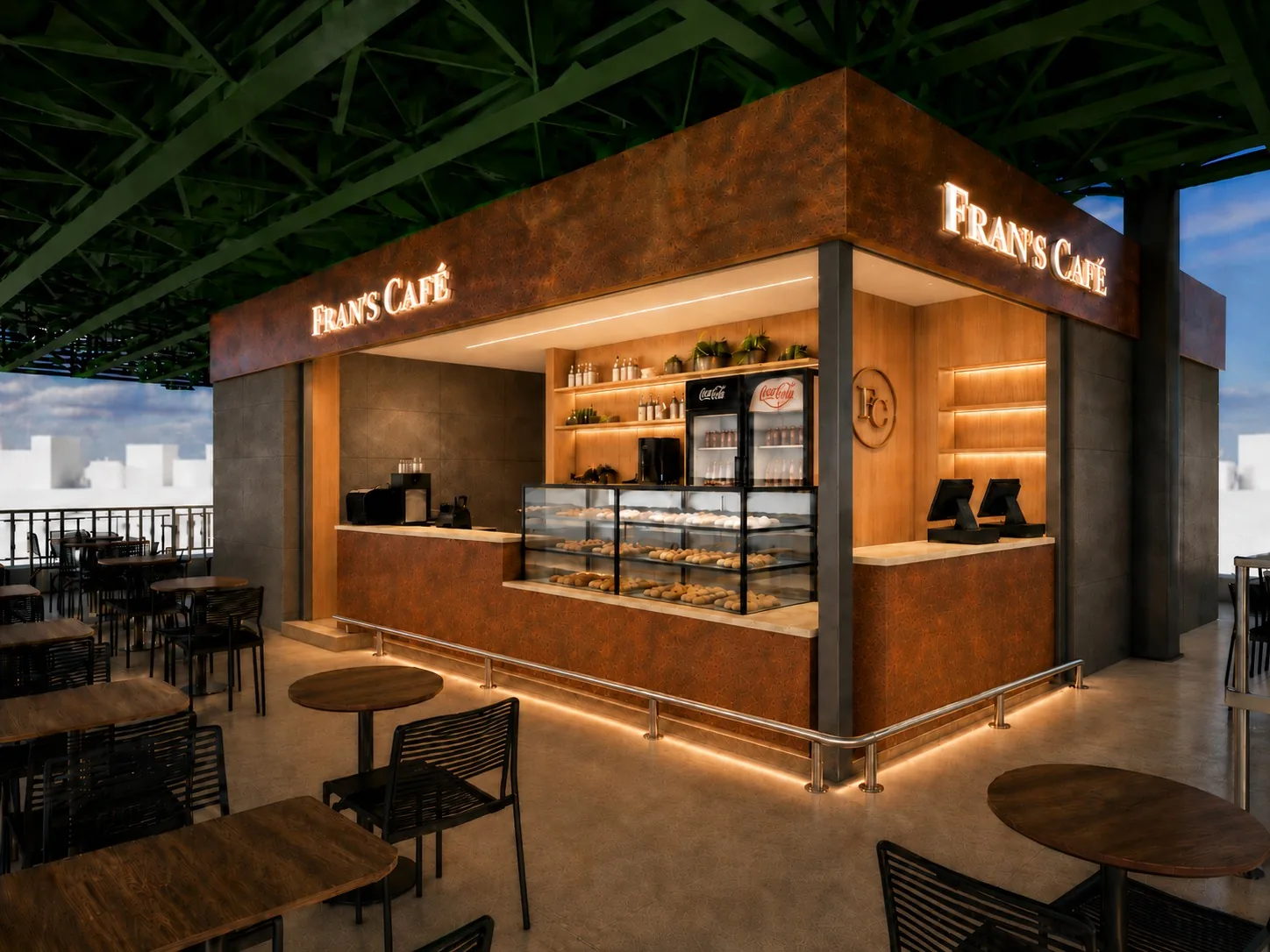 Frans Café — Estudo 3D — solução de quiosque