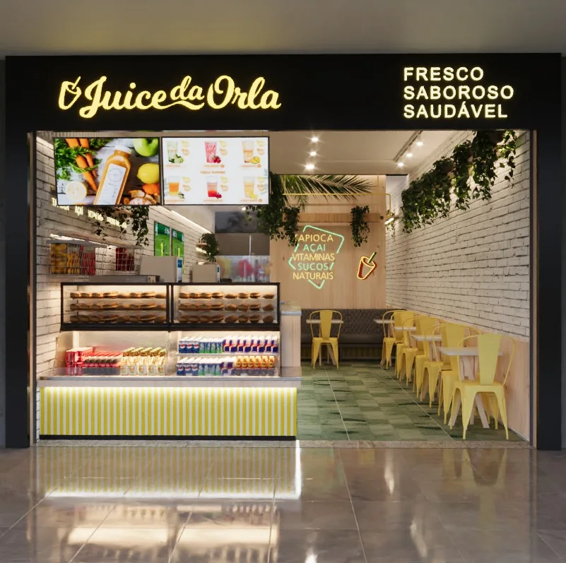 Juice da Orla — estudo 3D de loja no Aeroporto de Florianópolis