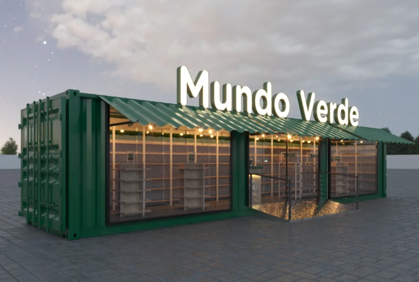 Mundo Verde — estudo 3D de operação em container