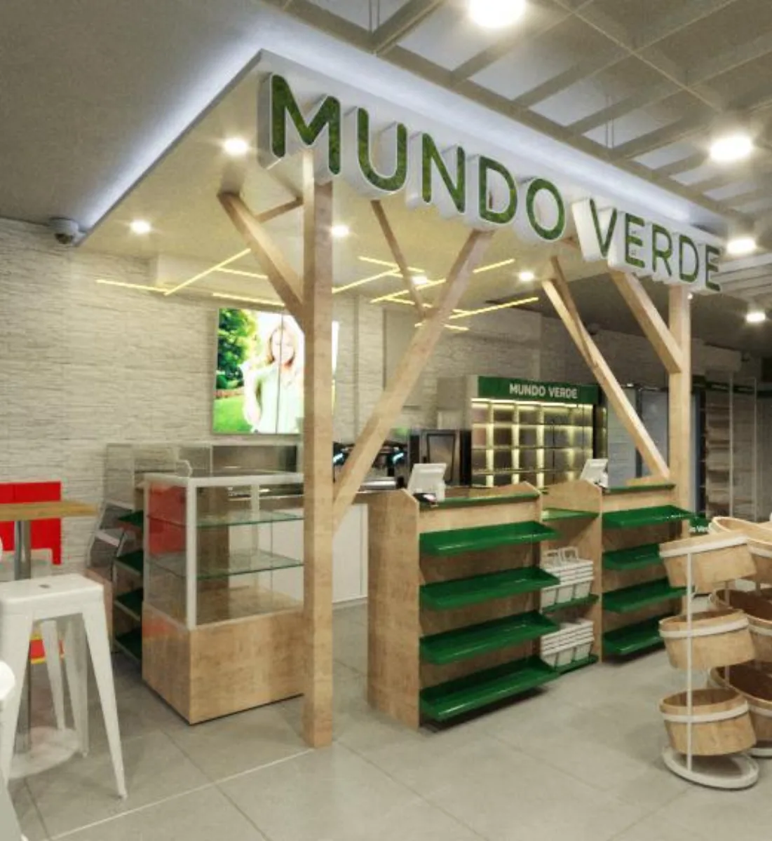 Mundo Verde — estudo 3D de entrada de loja