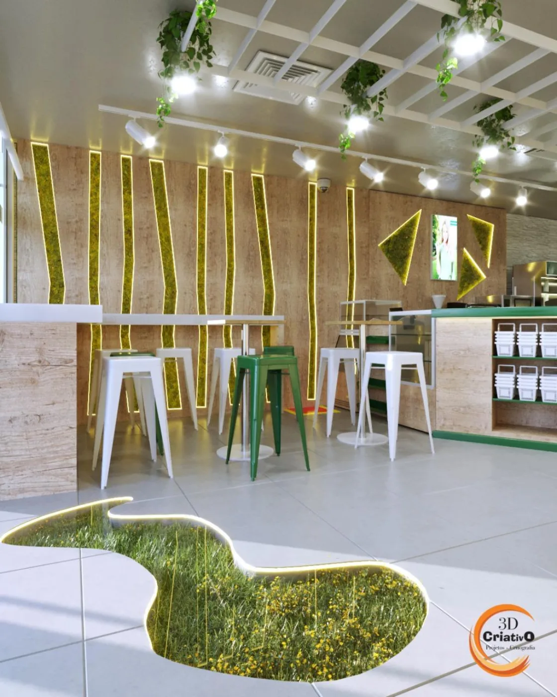 Mundo Verde — estudo 3D de interior e iluminação