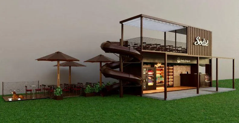 Sodiê Doces — estudo 3D de container com área externa de consumo
