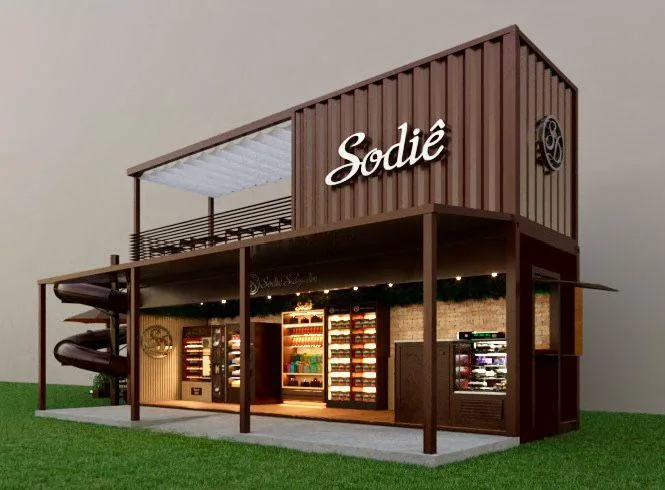 Sodiê Doces — estudo 3D de container autônomo