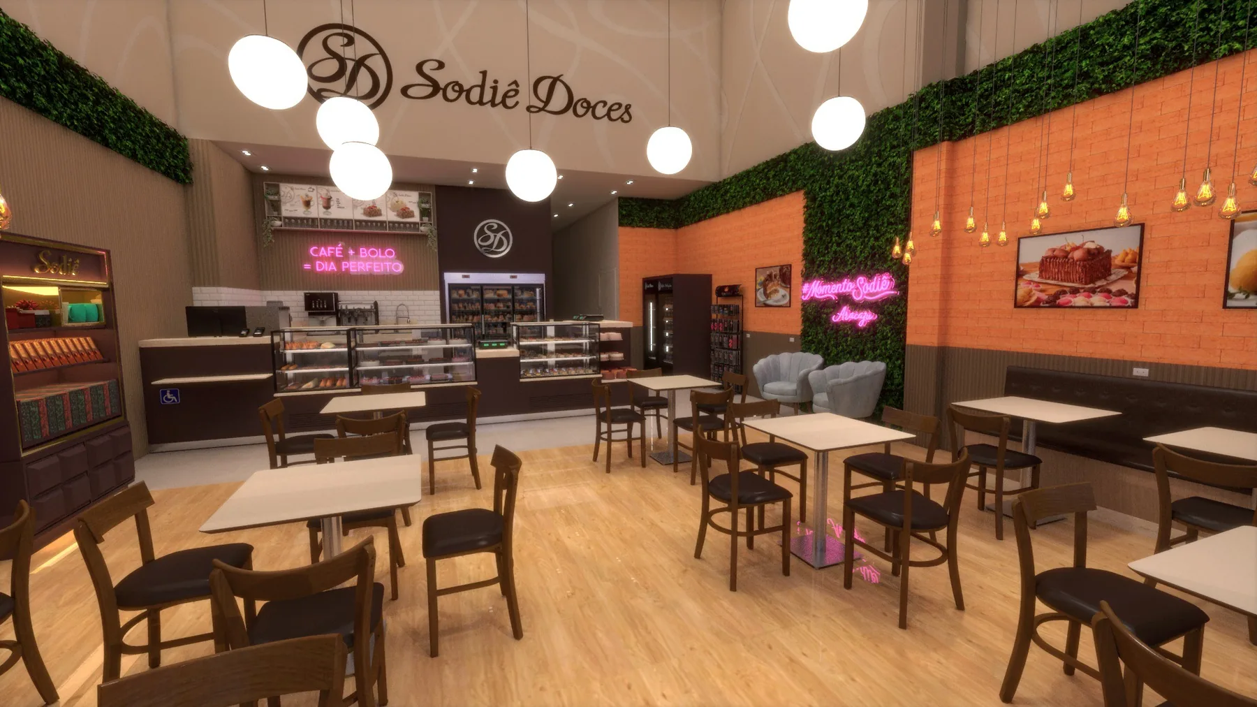 Sodiê Doces — Estudo 3D — ambiente interno